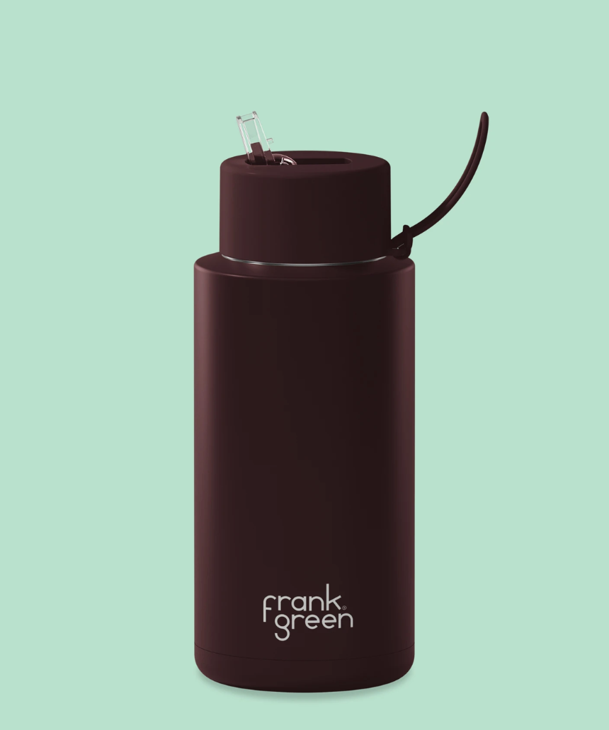 Frank Green 1L chocolate drinkwear bottle with sleek design and durable material, ideal for keeping beverages hot or cold.