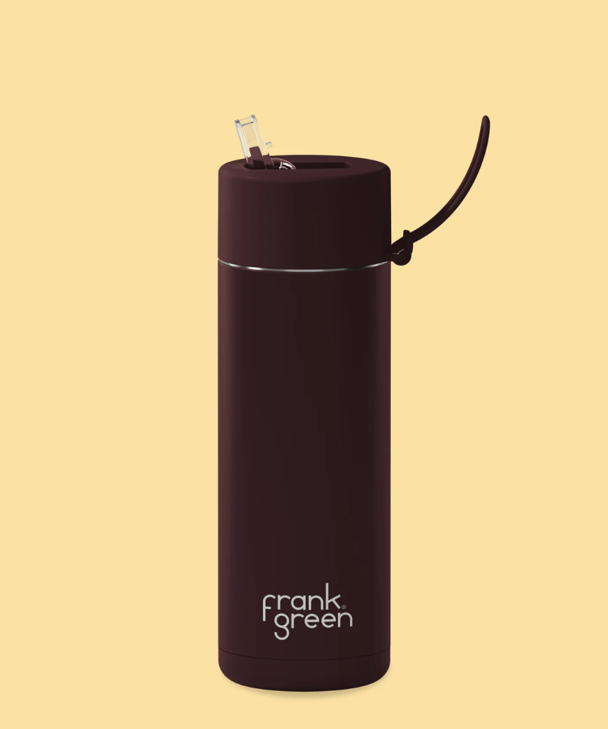 Frank Green 595ml chocolate-colored drinkware bottle, sleek design with a spill-proof lid, perfect for on-the-go beverages.