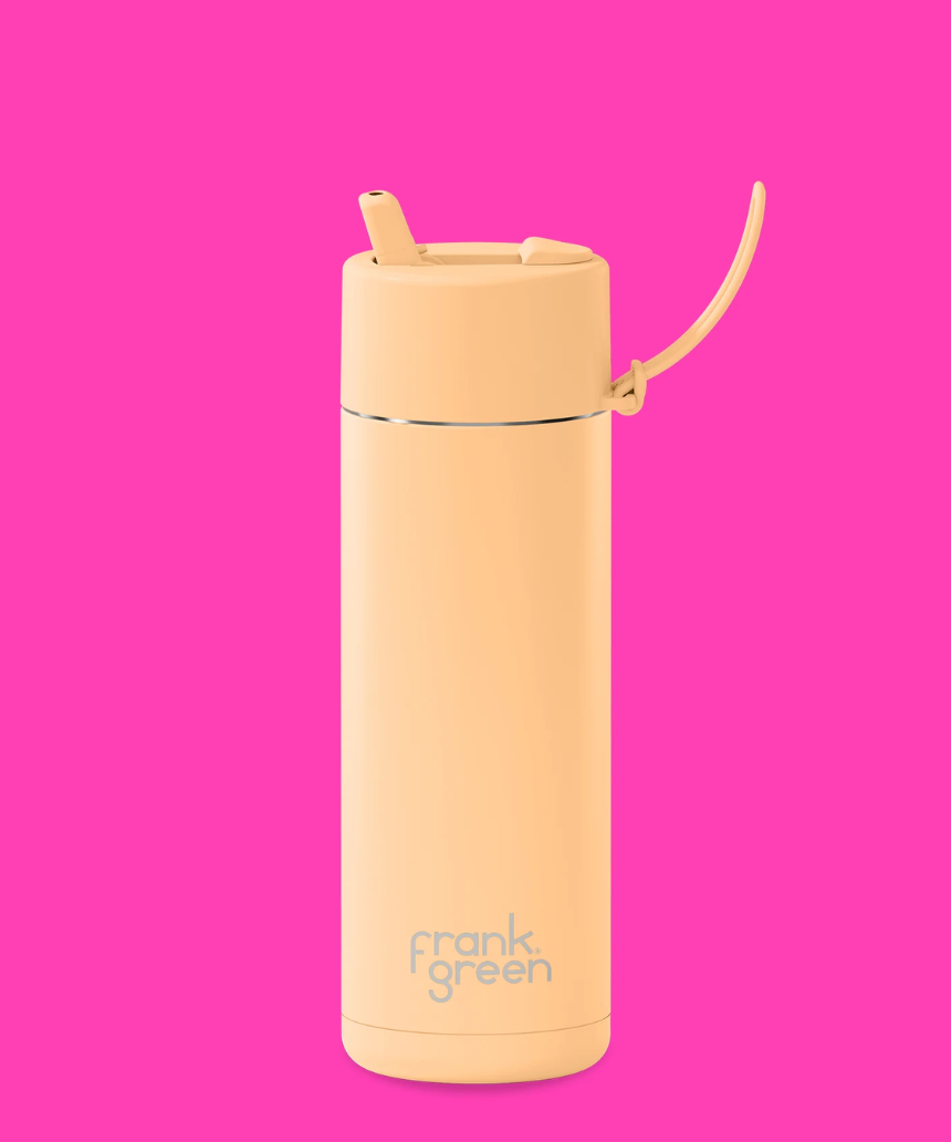 Frank Green Glow in the Dark Solar 595ml drinkwear bottle with luminous green design and spill-proof lid.