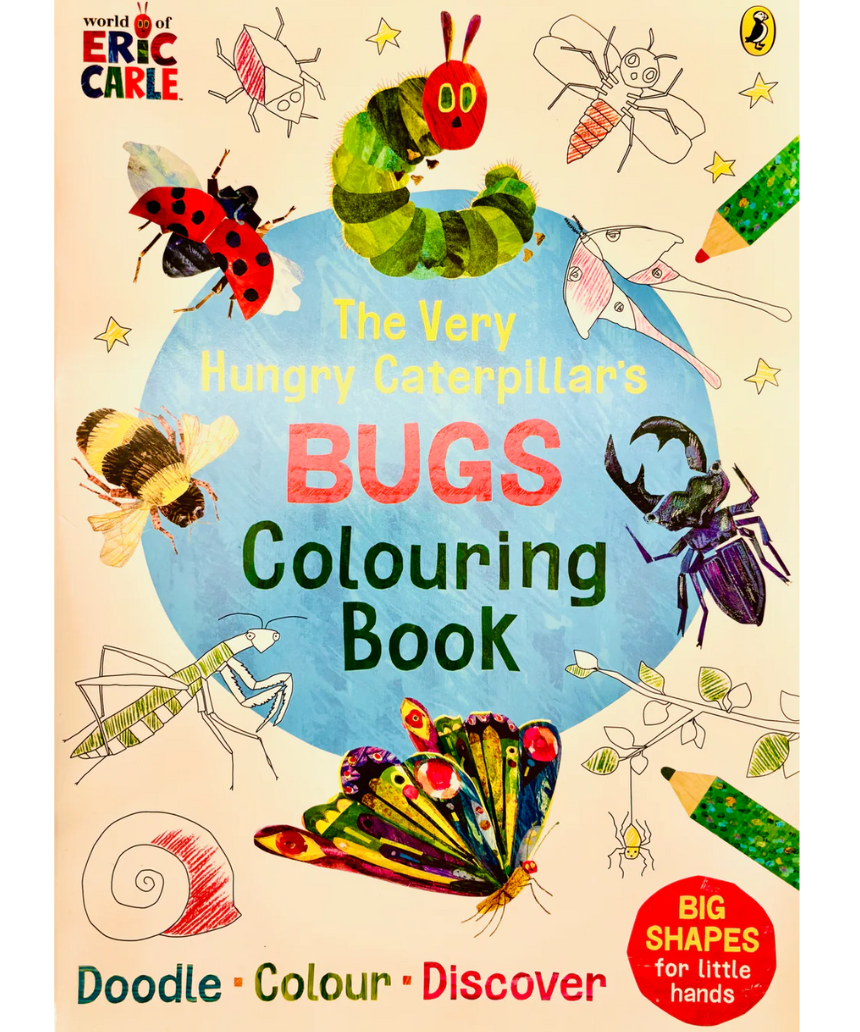 The Very Hungry Caterpillar's Bugs colouring book by Brumby Sunstate featuring colorful insect illustrations on the cover.