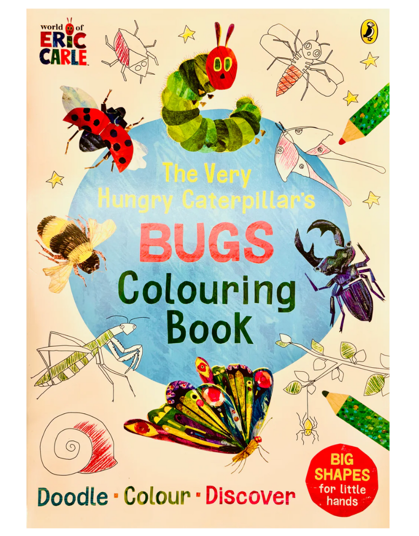 The Very Hungry Caterpillar's Bugs colouring book by Brumby Sunstate featuring colorful insect illustrations on the cover.