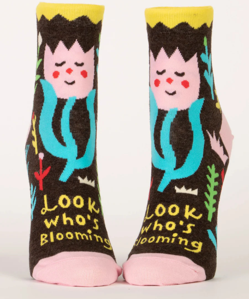 Blue Q Look Who is Blooming ankle socks with colorful floral design and playful patterns in vibrant shades.