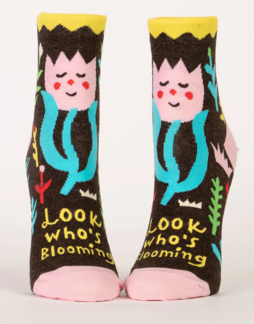 Blue Q Look Who is Blooming ankle socks with colorful floral design and playful patterns in vibrant shades.
