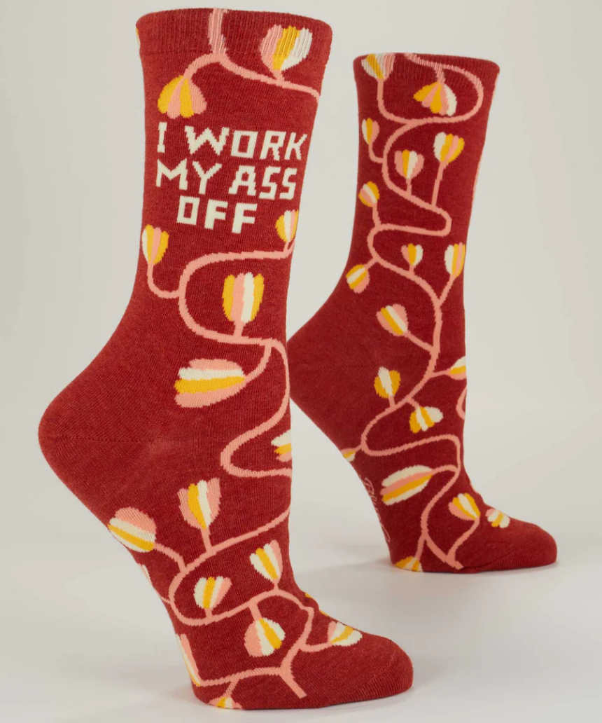 Blue Q Work My Ass Off crew socks in blue with bold text design, made for comfortable, stylish everyday wear.