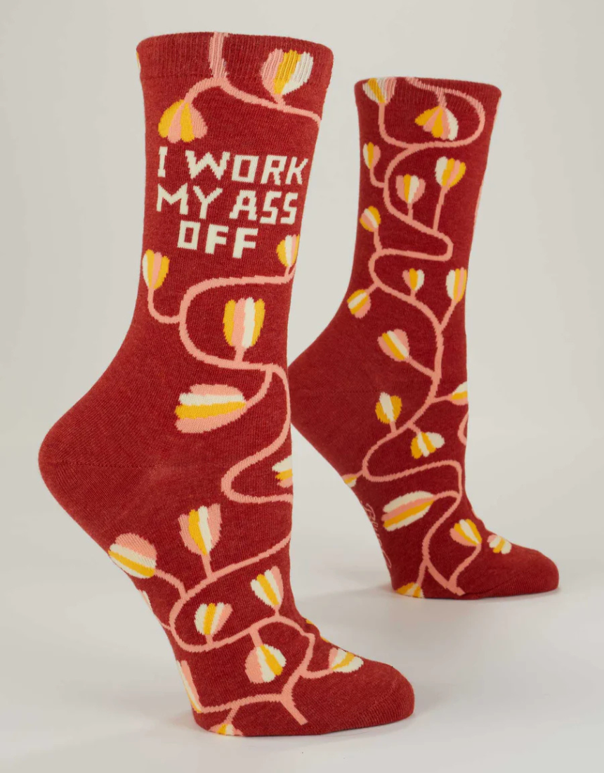 Blue Q Work My Ass Off crew socks in blue with bold text design, made for comfortable, stylish everyday wear.