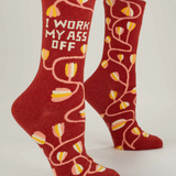 Blue Q Work My Ass Off crew socks in blue with bold text design, made for comfortable, stylish everyday wear.