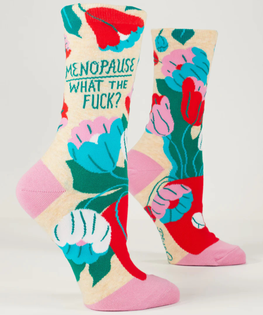 Blue Q Menopause W-Crew Socks featuring playful designs, soft fabric, and comfortable fit for women experiencing menopause.