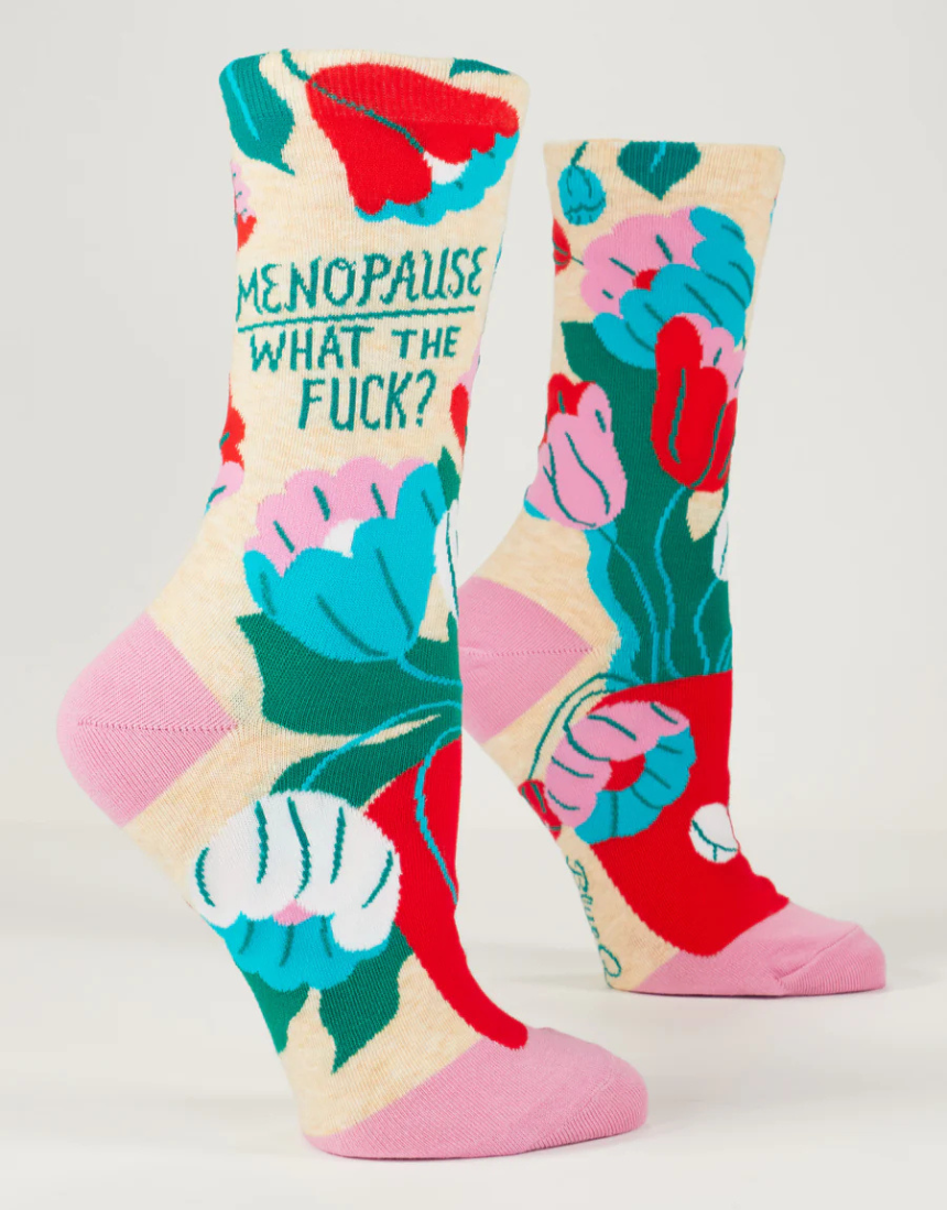 Blue Q Menopause W-Crew Socks featuring playful designs, soft fabric, and comfortable fit for women experiencing menopause.