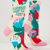 Blue Q Menopause W-Crew Socks featuring playful designs, soft fabric, and comfortable fit for women experiencing menopause.