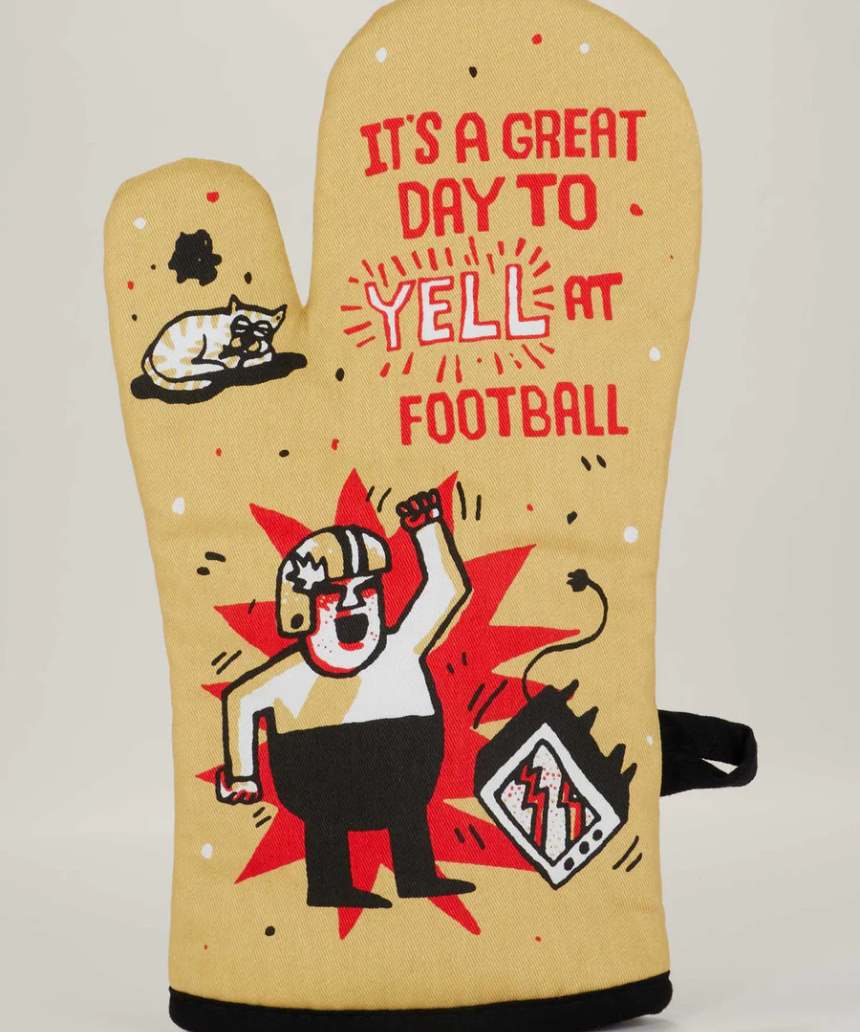 Blue Q Yell at Football oven mitt featuring a bold football graphic and vibrant blue color, designed for safe handling in the kitchen.