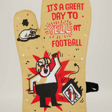 Blue Q Yell at Football oven mitt featuring a bold football graphic and vibrant blue color, designed for safe handling in the kitchen.