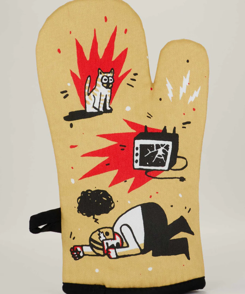 Blue Q Yell at Football oven mitt in bright blue with bold black and white football-themed design, heat-resistant kitchen glove.
