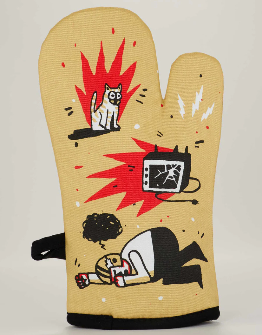 Blue Q Yell at Football oven mitt in bright blue with bold black and white football-themed design, heat-resistant kitchen glove.