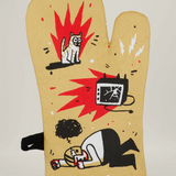 Blue Q Yell at Football oven mitt in bright blue with bold black and white football-themed design, heat-resistant kitchen glove.