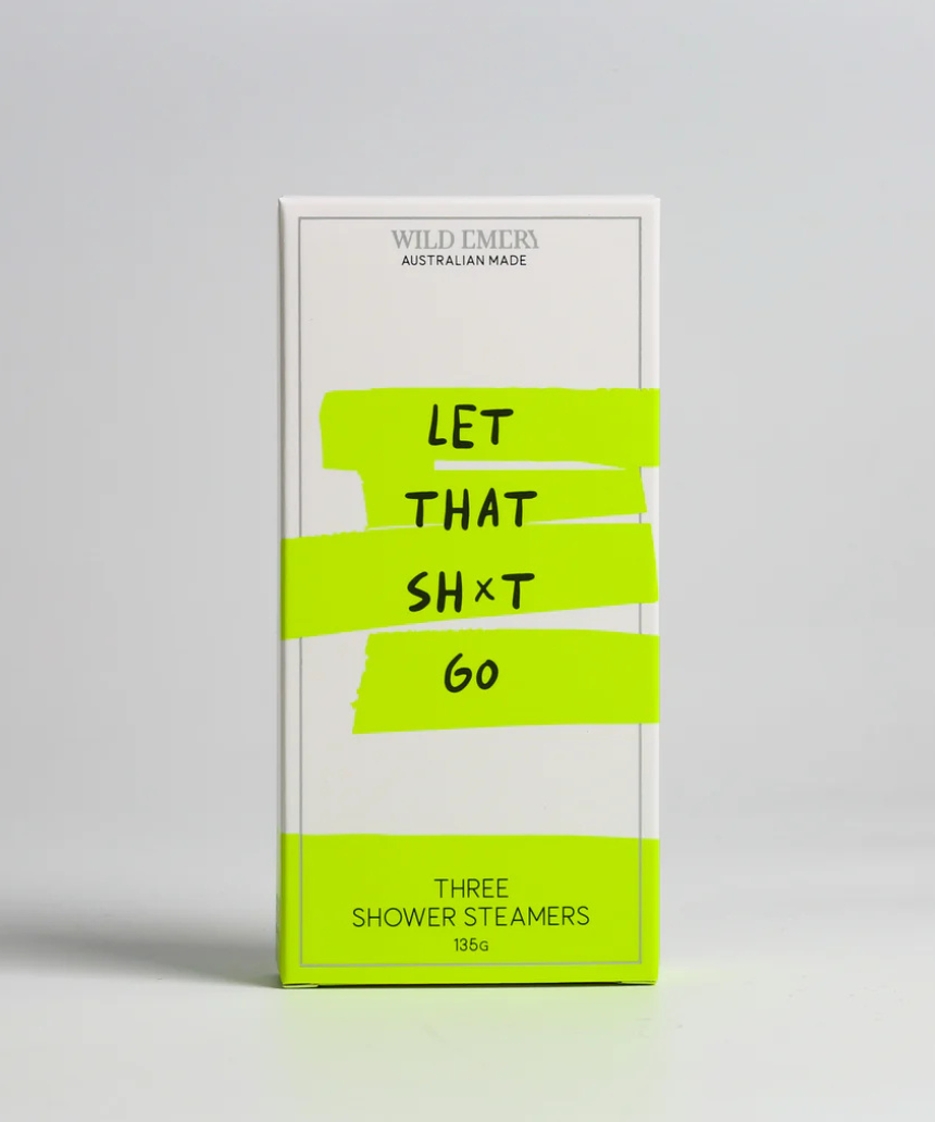 Wild Emery Let That Sh*t Go Shower Steamer 3-pack, natural bath and body product with calming aromatherapy scents.