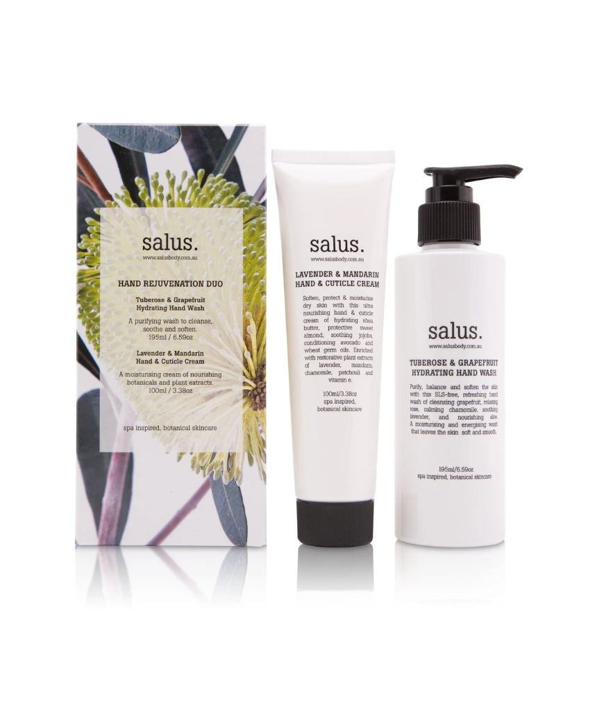 Salus Hand Rejuvenation Duo set with skincare products in sleek packaging, designed for hand care and rejuvenation.