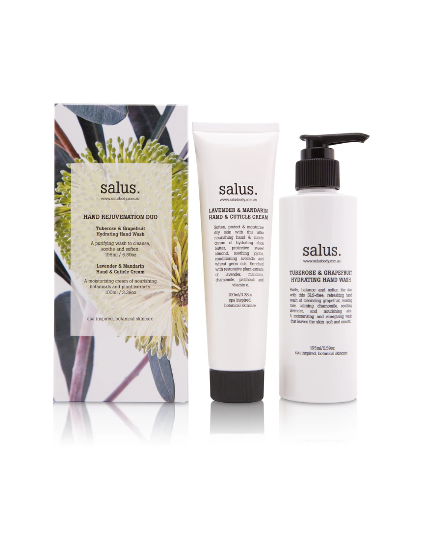 Salus Hand Rejuvenation Duo set with skincare products in sleek packaging, designed for hand care and rejuvenation.