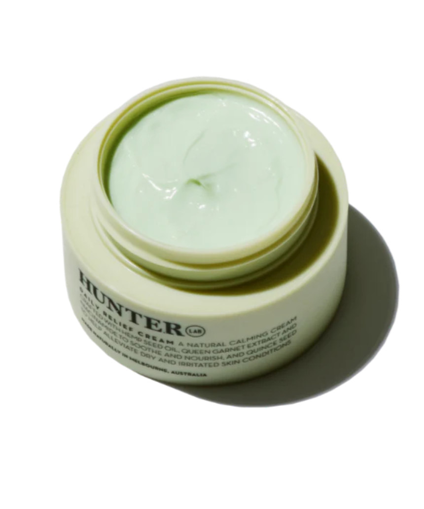 Hunter Lab Daily Relief Cream in 50ml jar, hydrating bath and body moisturizer with smooth, creamy texture and subtle branding.