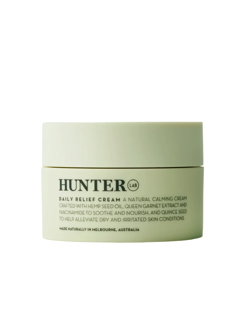 Hunter Lab Daily Relief Cream 50ml in a sleek jar, perfect for soothing and hydrating skin as part of your bath and body routine.