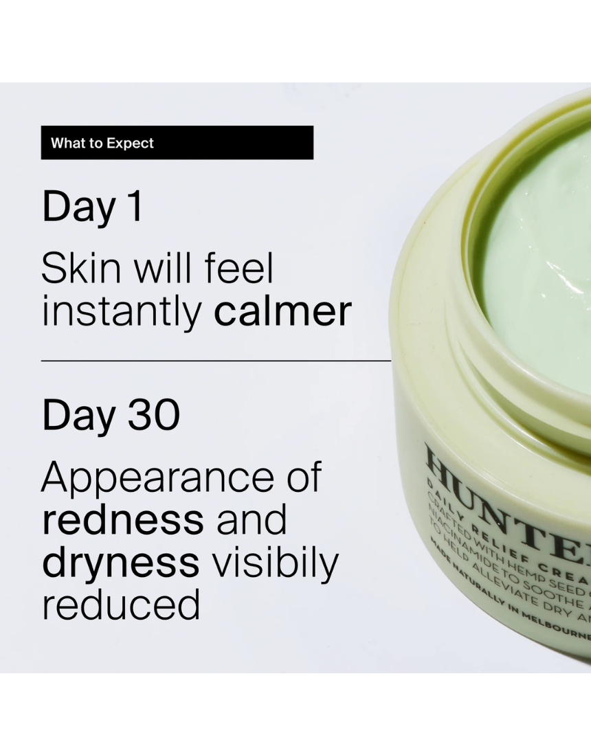Hunter Lab Daily Relief Cream 50ml, a hydrating bath and body moisturizer in a sleek jar with a white lid.