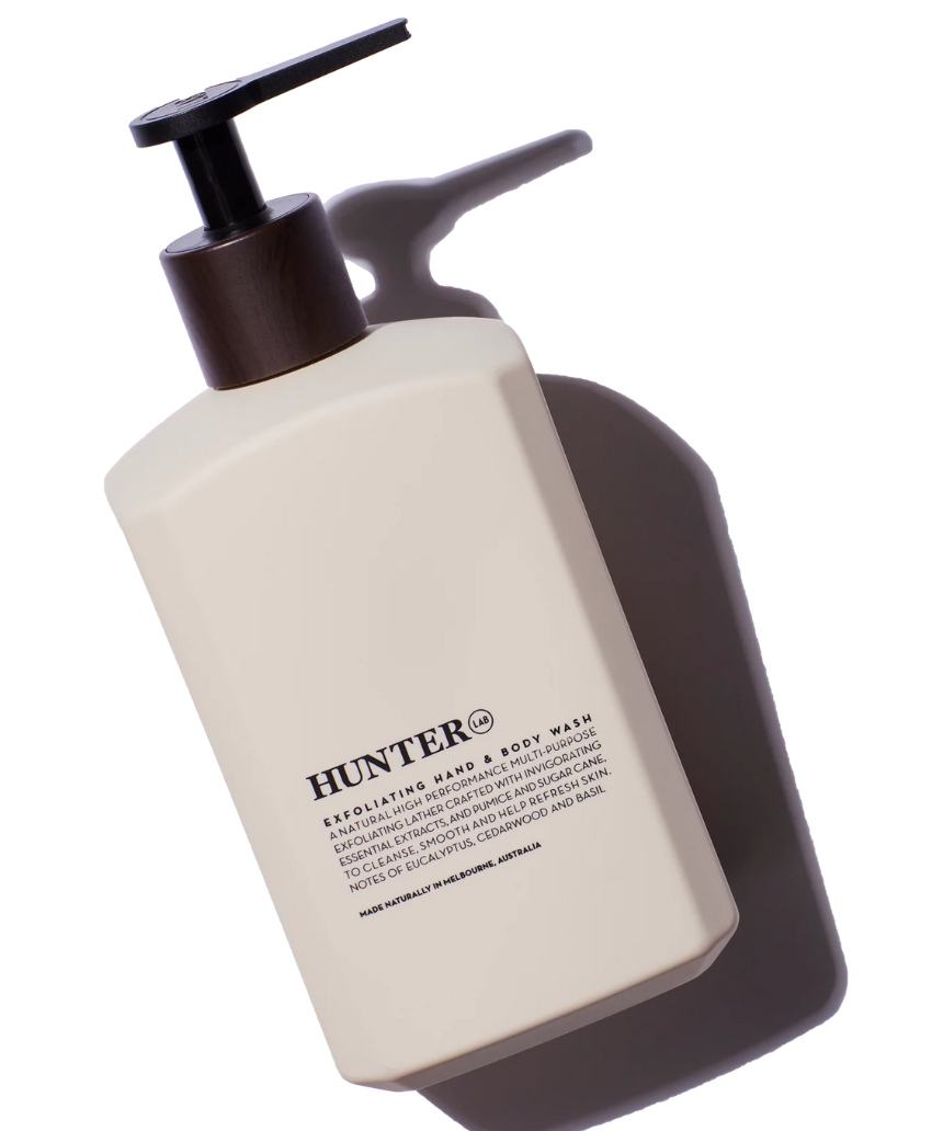 Hunter Lab exfoliating hand and body wash in 550ml bottle, featuring a sleek design for cleansing and exfoliation.