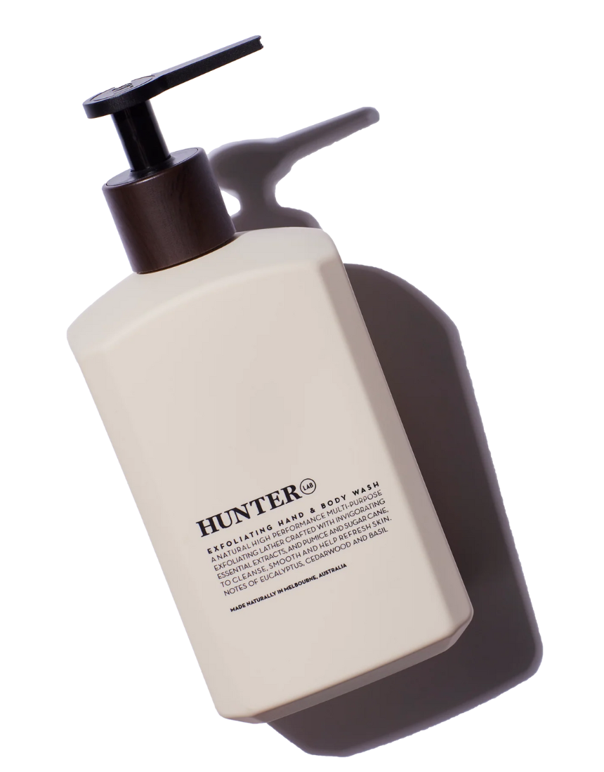 Hunter Lab exfoliating hand and body wash in 550ml bottle, featuring a sleek design for cleansing and exfoliation.
