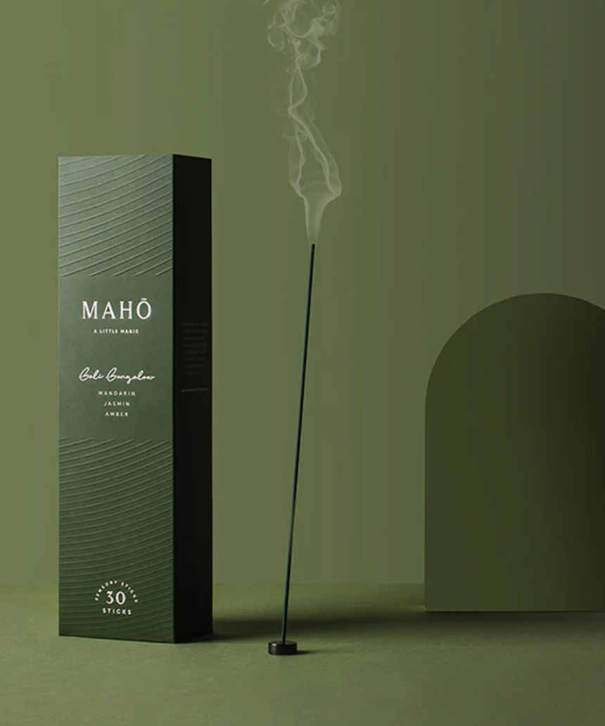 Maho Bali Bungalow Incense Kit with natural incense sticks and holder, set in a tropical-themed packaging, ideal for aromatic relaxation.