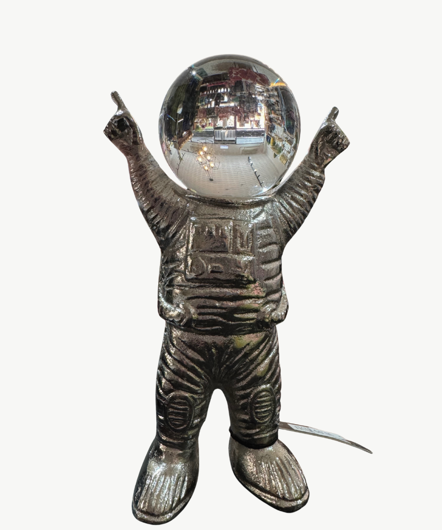 White Moose astronaut silver decor figurine with a sleek, modern design, featuring a white and silver finish.