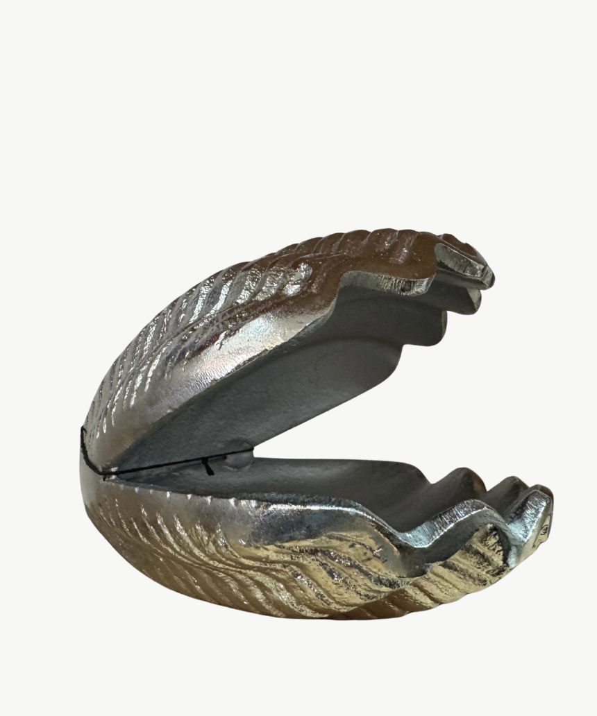 White Moose clam bowl in silver, showcasing a sleek, polished design perfect for serving or decorative use.