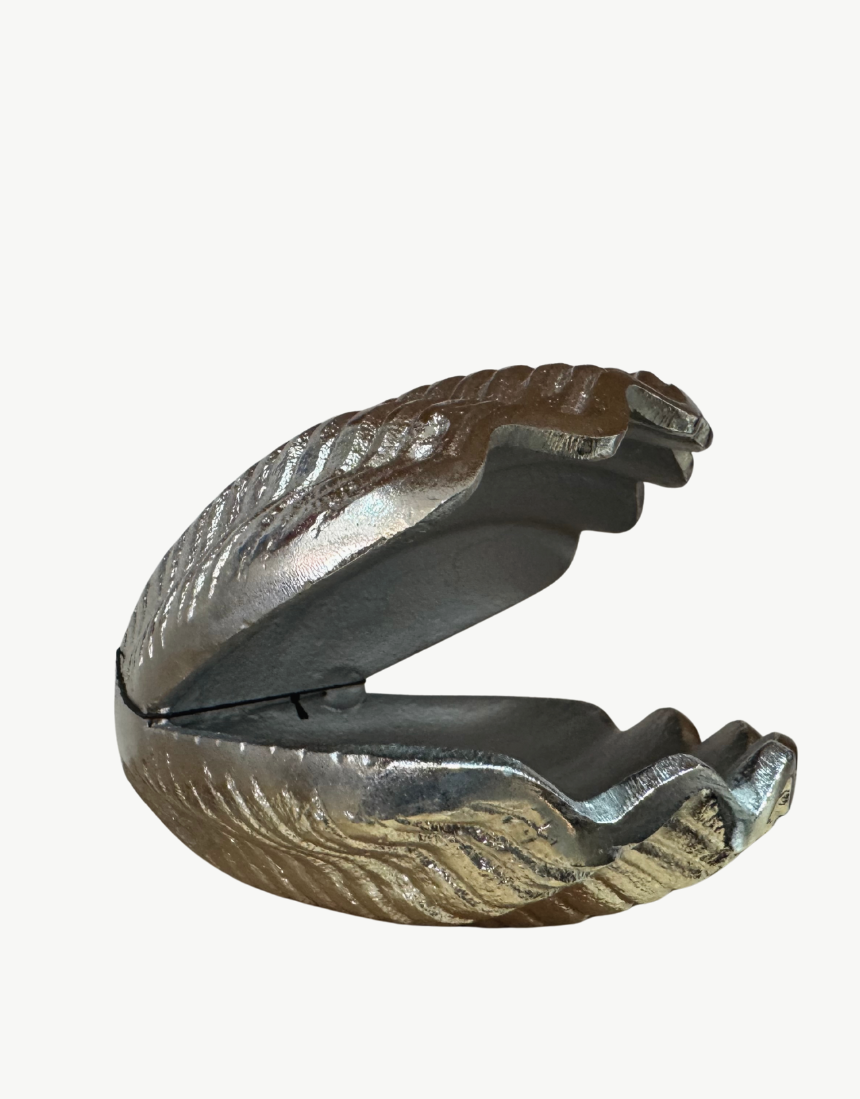 White Moose clam bowl in silver, showcasing a sleek, polished design perfect for serving or decorative use.