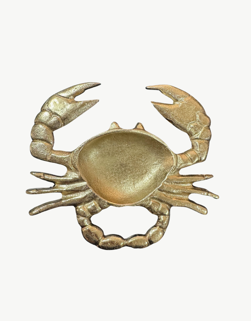 White Moose crab-shaped ceramic bowl with gold accents, featuring intricate crab design on a white background.