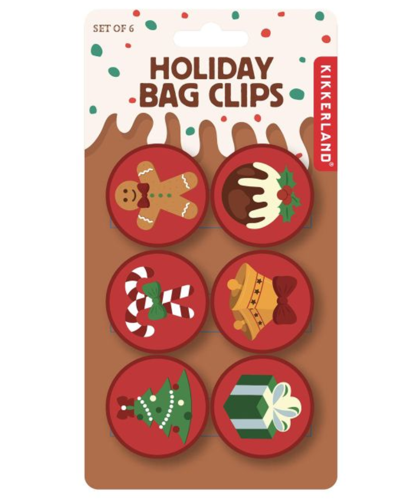 Set of 6 isAlbi Christmas bag clips, colorful kitchen accessories for sealing and decorating holiday treat bags.