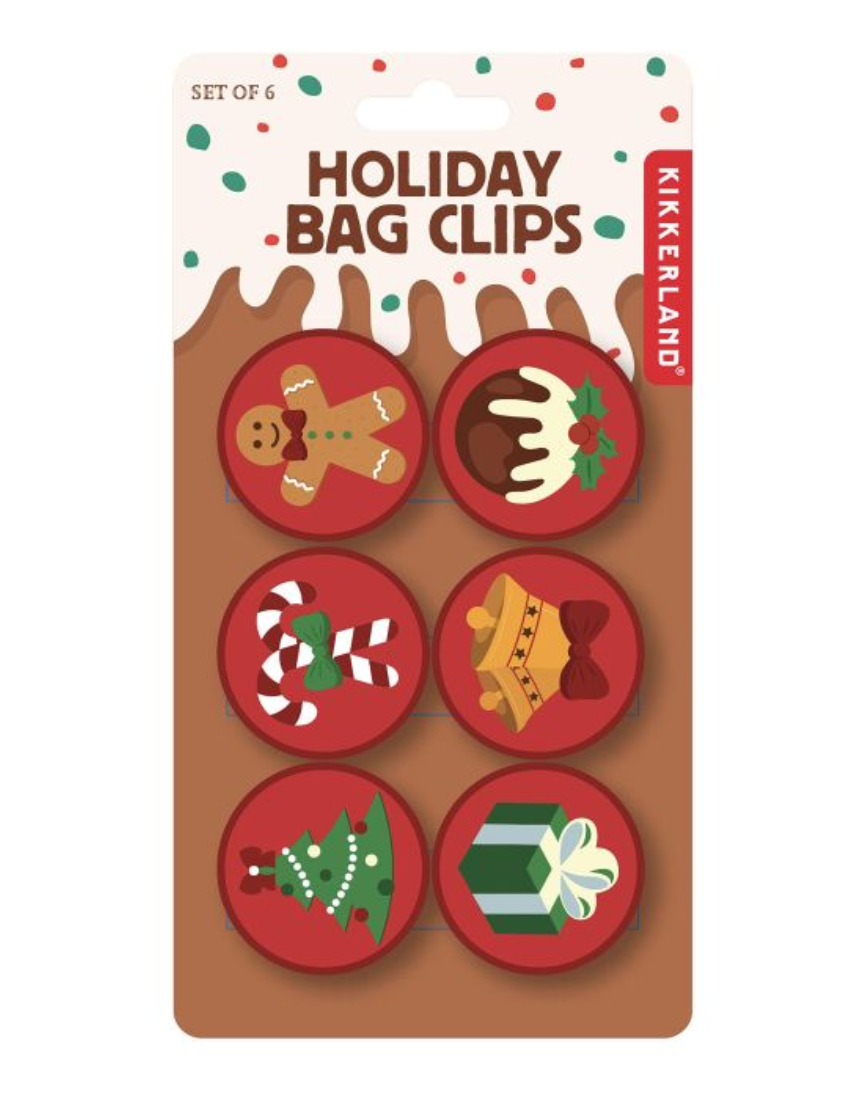 Set of 6 isAlbi Christmas bag clips, colorful kitchen accessories for sealing and decorating holiday treat bags.