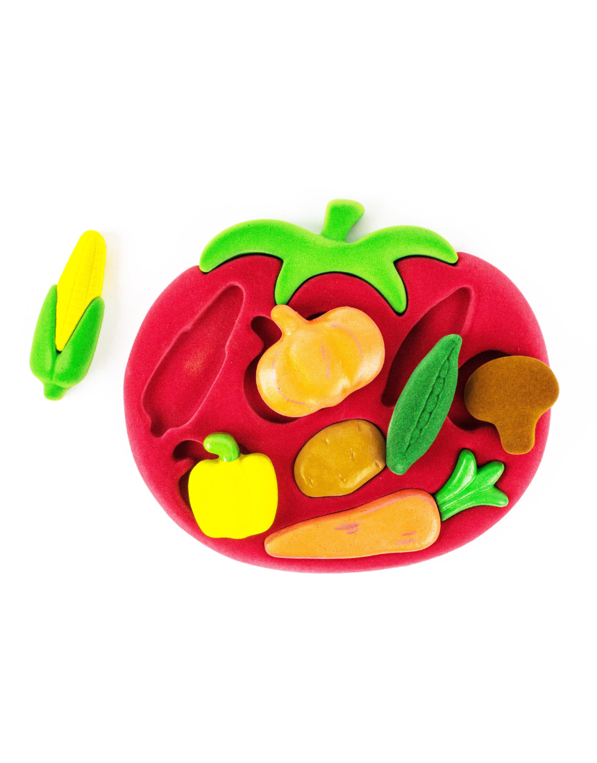 Colorful Rubbabu shapes sorter vegetables toy with various vegetable shapes and vibrant colors for educational play.