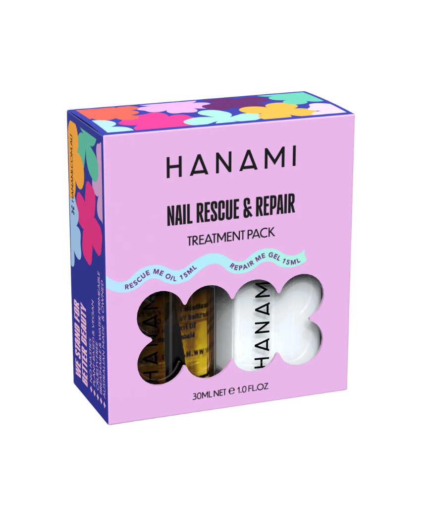 Hanami Nail Rescue & Repair Treatment Pack by Hanami Cosmetics, featuring nourishing nail treatment bottles on a white background.