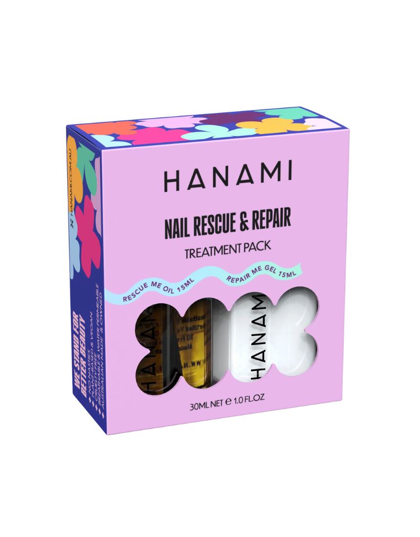 Hanami Nail Rescue & Repair Treatment Pack by Hanami Cosmetics, featuring nourishing nail treatment bottles on a white background.