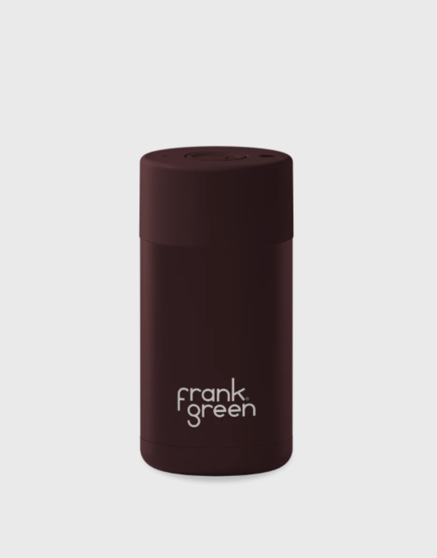 Frank Green 12oz chocolate ceramic reusable cup for drinkwear, featuring a sleek design and spill-proof lid.