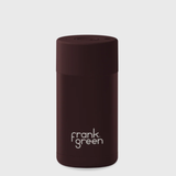 Frank Green 12oz chocolate ceramic reusable cup for drinkwear, featuring a sleek design and spill-proof lid.