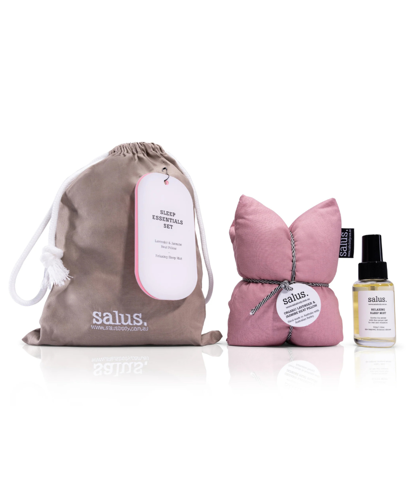 Salus Sleep Essentials Set including sleep mask, lavender spray, and pillow spray for restful sleep.