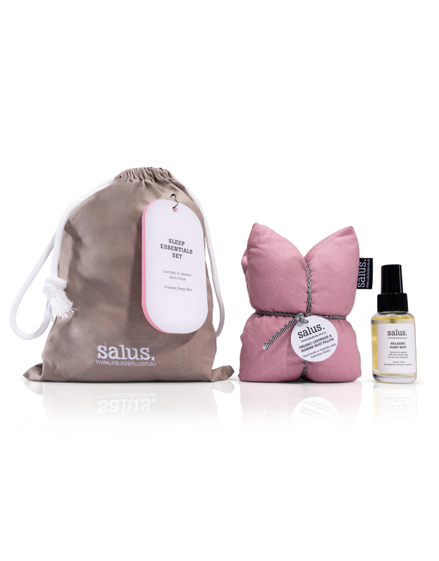 Salus Sleep Essentials Set including sleep mask, lavender spray, and pillow spray for restful sleep.