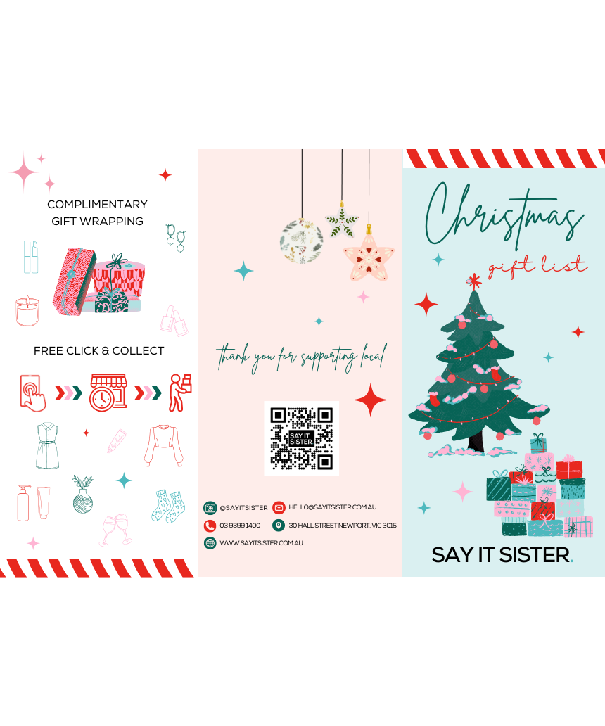 Say It Sister Christmas gift list in a festive design, featuring space to write gift recipients and holiday notes.