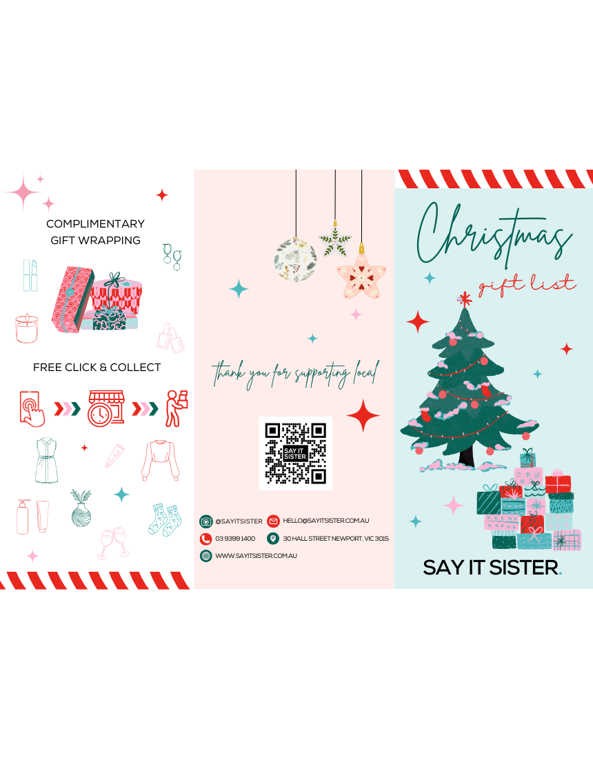 Say It Sister Christmas gift list in a festive design, featuring space to write gift recipients and holiday notes.