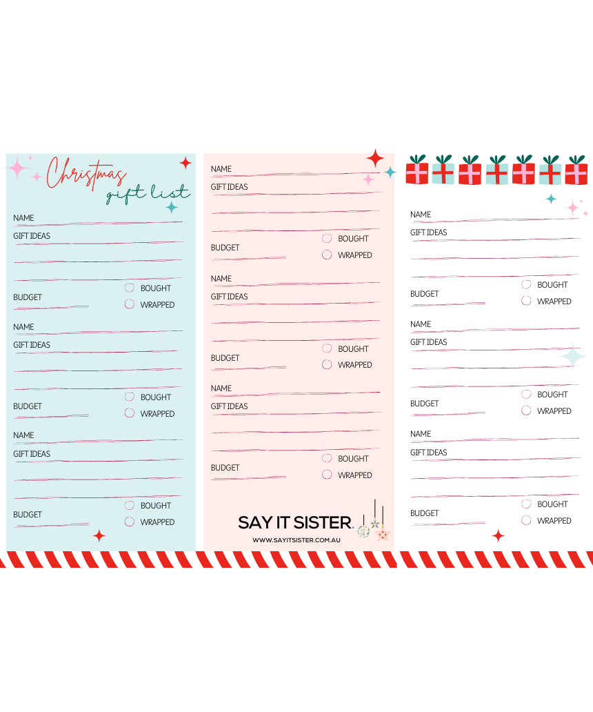 Say It Sister Christmas gift list on paper with festive designs, ideal for holiday gift planning and organizing.