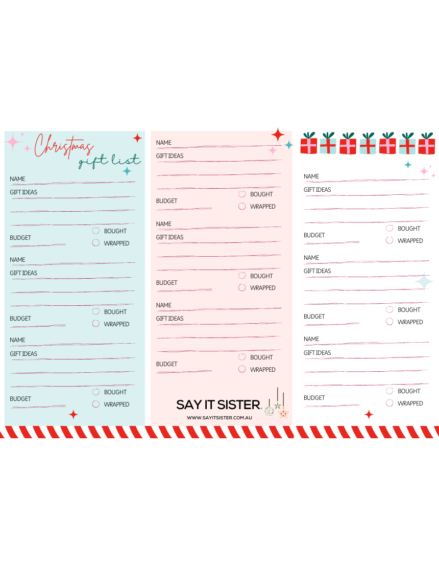Say It Sister Christmas gift list on paper with festive designs, ideal for holiday gift planning and organizing.