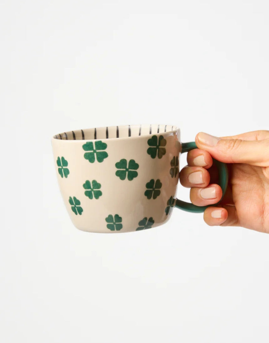 Jones & Co Chino Mug with "Lucky Me" print, ceramic drinkware featuring a cheerful design and comfortable handle.