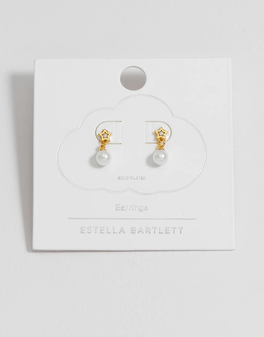 Estella Bartlett star and pearl stud earrings with gold-tone finish, featuring delicate star shapes and small pearl accents.