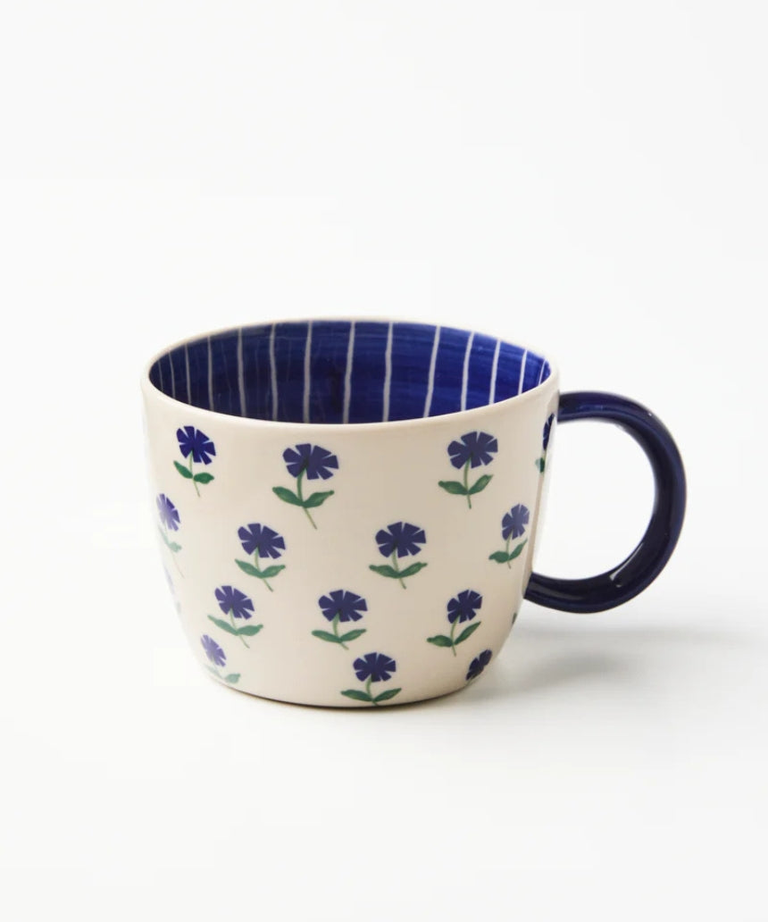 Jones & Co Chino Mug with Forget Me Knot design, white ceramic mug featuring floral pattern and comfortable handle.