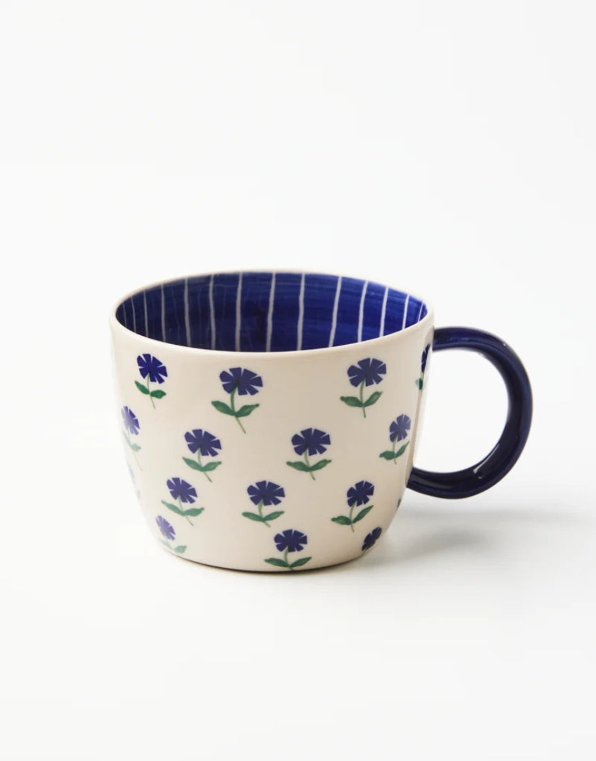 Jones & Co Chino Mug with Forget Me Knot design, white ceramic mug featuring floral pattern and comfortable handle.