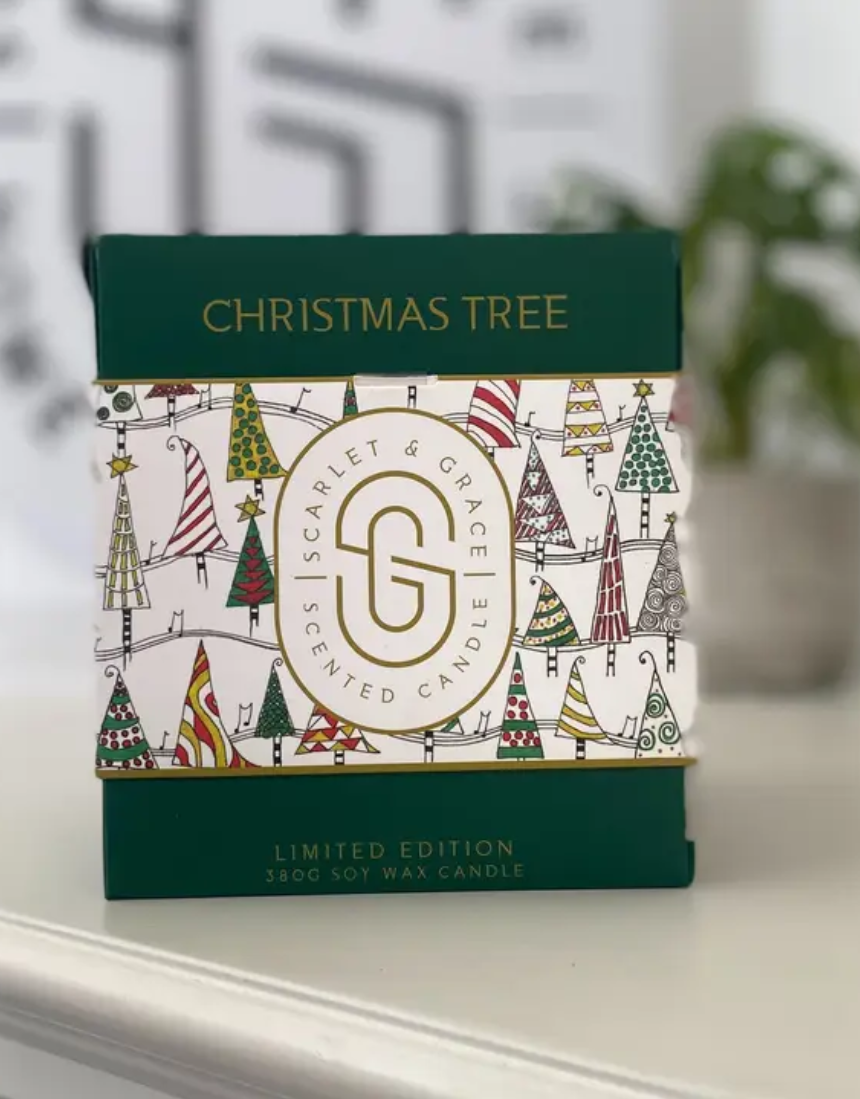 Large Scarlet & Grace Christmas Tree Candle with festive green and red design, perfect for holiday decor.