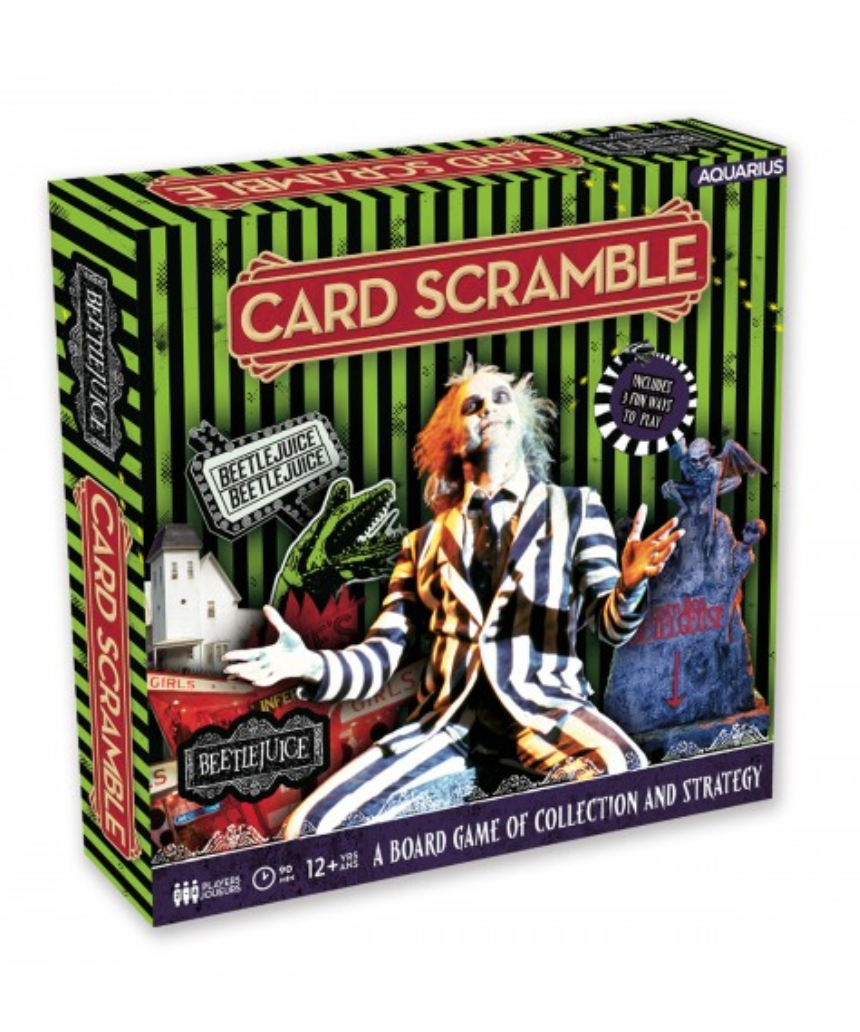 William Valentine Beetlejuice Card Scramble board game featuring colorful cards and game components on a flat surface.